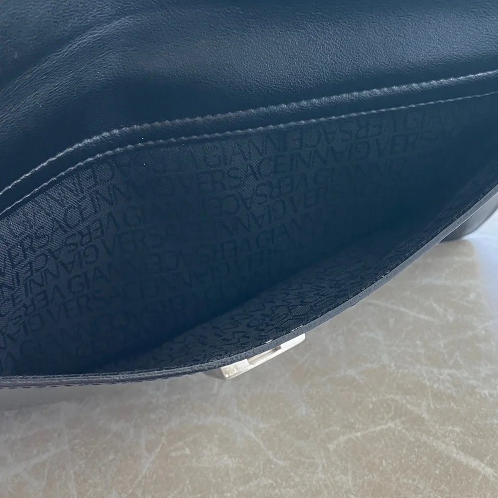 VERSACE La Medusa Black Leather Small Travel Bag w/ Silver Logo Clasp GUC